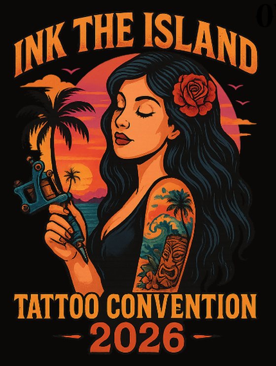 Ink The Island 2026 poster art: a tattooed woman holding a tattoo machine in front of a palm-tree sunset